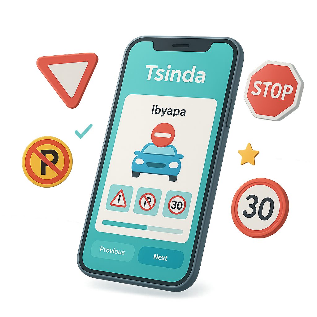 Tsinda Rwanda driving license exam preparation app showing road signs (ibyapa) quiz on mobile phone